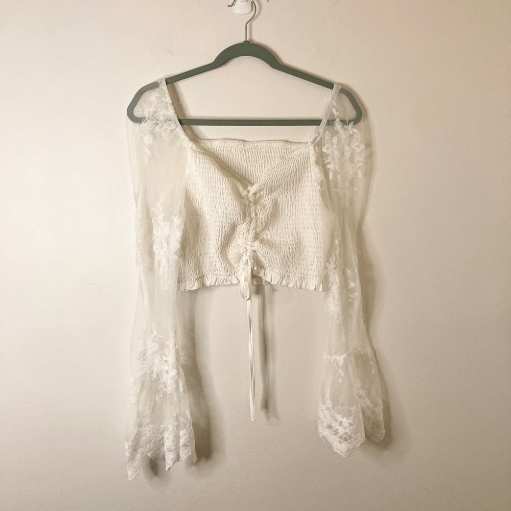 Smocked Crop Top White Boho Fairycore Sheer Floral Lace Bell Sleeves Cottagecore